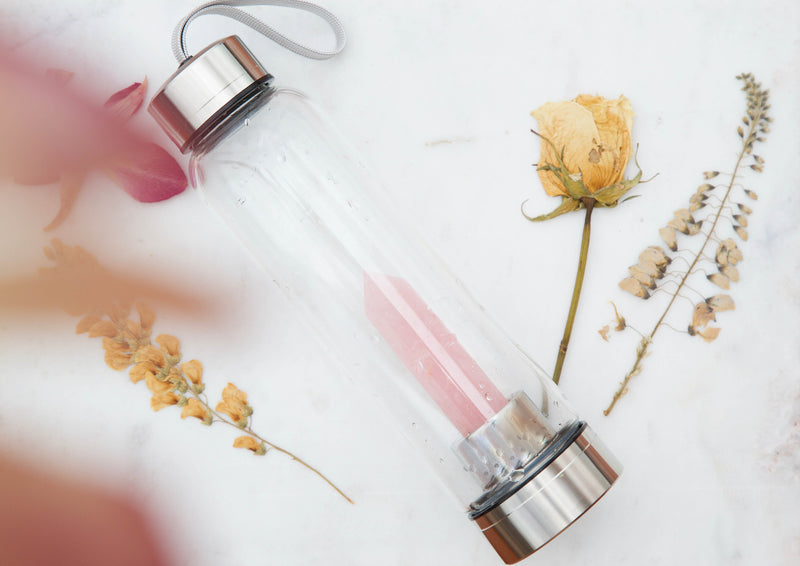 Crystal and Glass Water Bottle – Rose Quartz